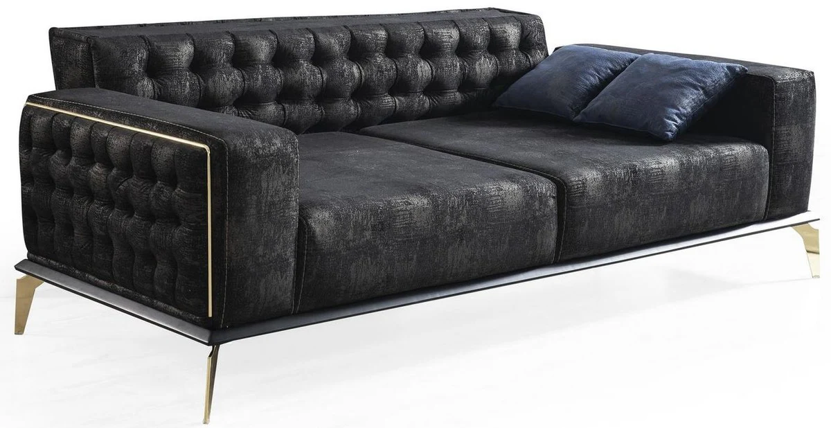 Luxury Art Deco Chesterfield sofa black / gray / brass 236 x 99 x H. 86 cm - Elegant living room sofa with decorative cushions - Luxury quality