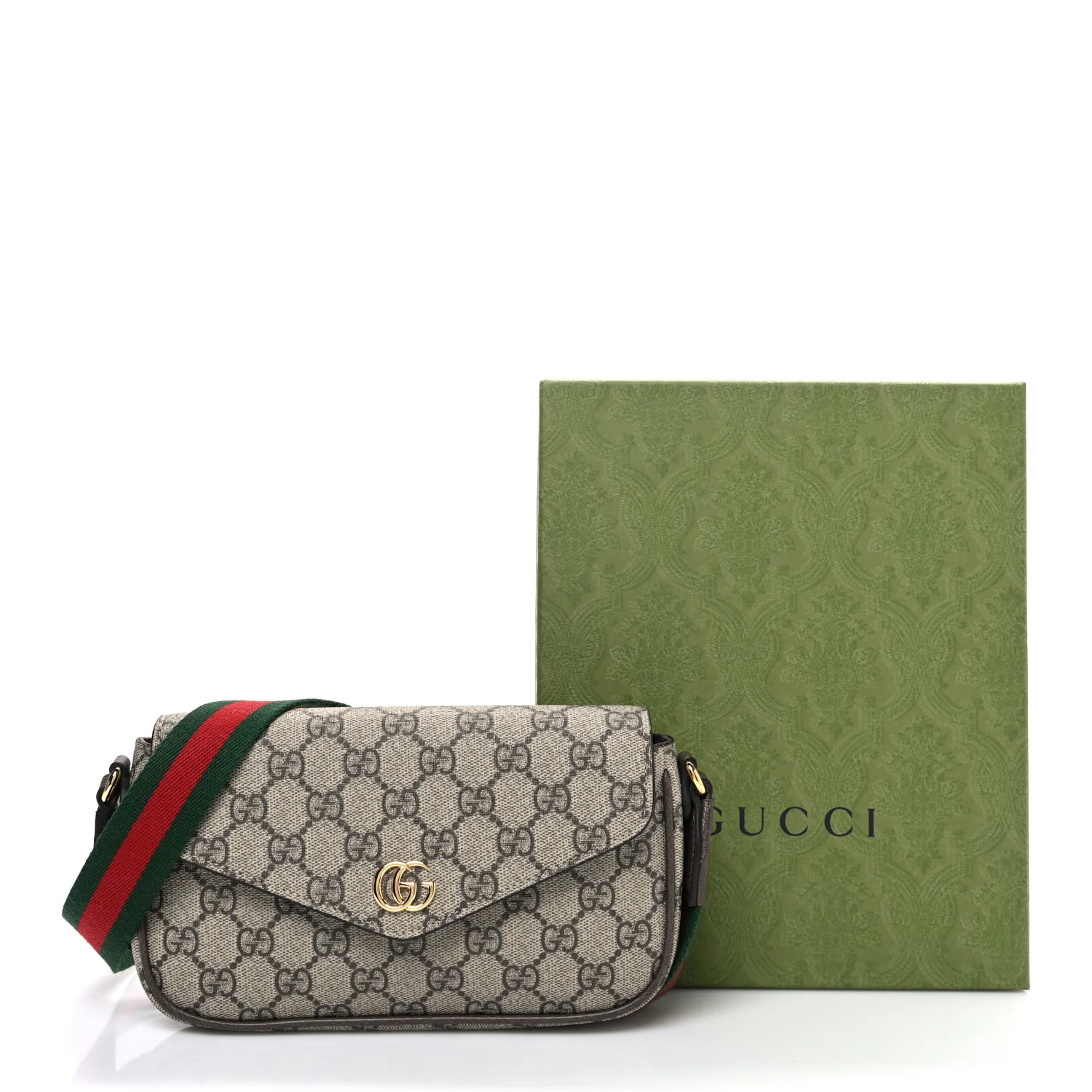 GG Supreme Monogram Textured Dollar Calfskin Web Mini Ophidia Envelope Shoulder Bag Beige Ebony New Acero - Top Club