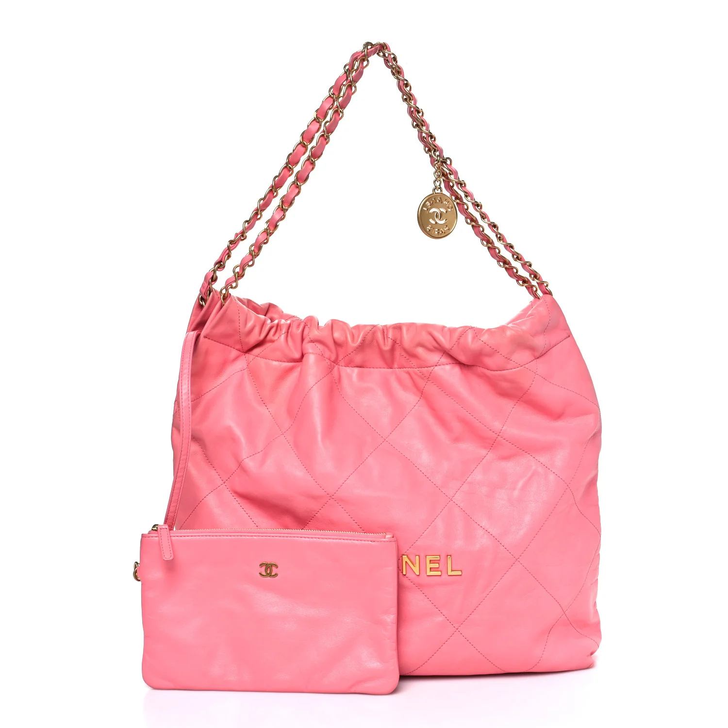 Shiny Calfskin Quilted Chanel 22 Drawstring Bag Coral Pink - Top Club
