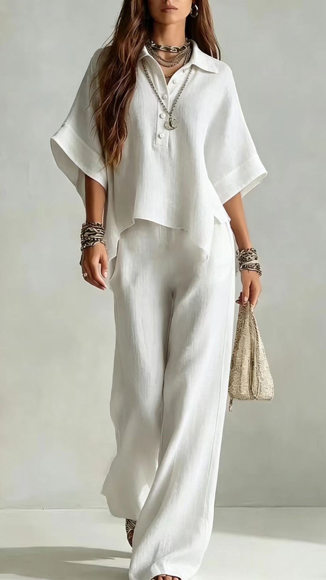 Women's Cotton-Blend Henley Neck Wide-Leg Pants Set - Nordfashionstorm - Women's Clothing, Fashion for You - Nordfashionstorm.com
