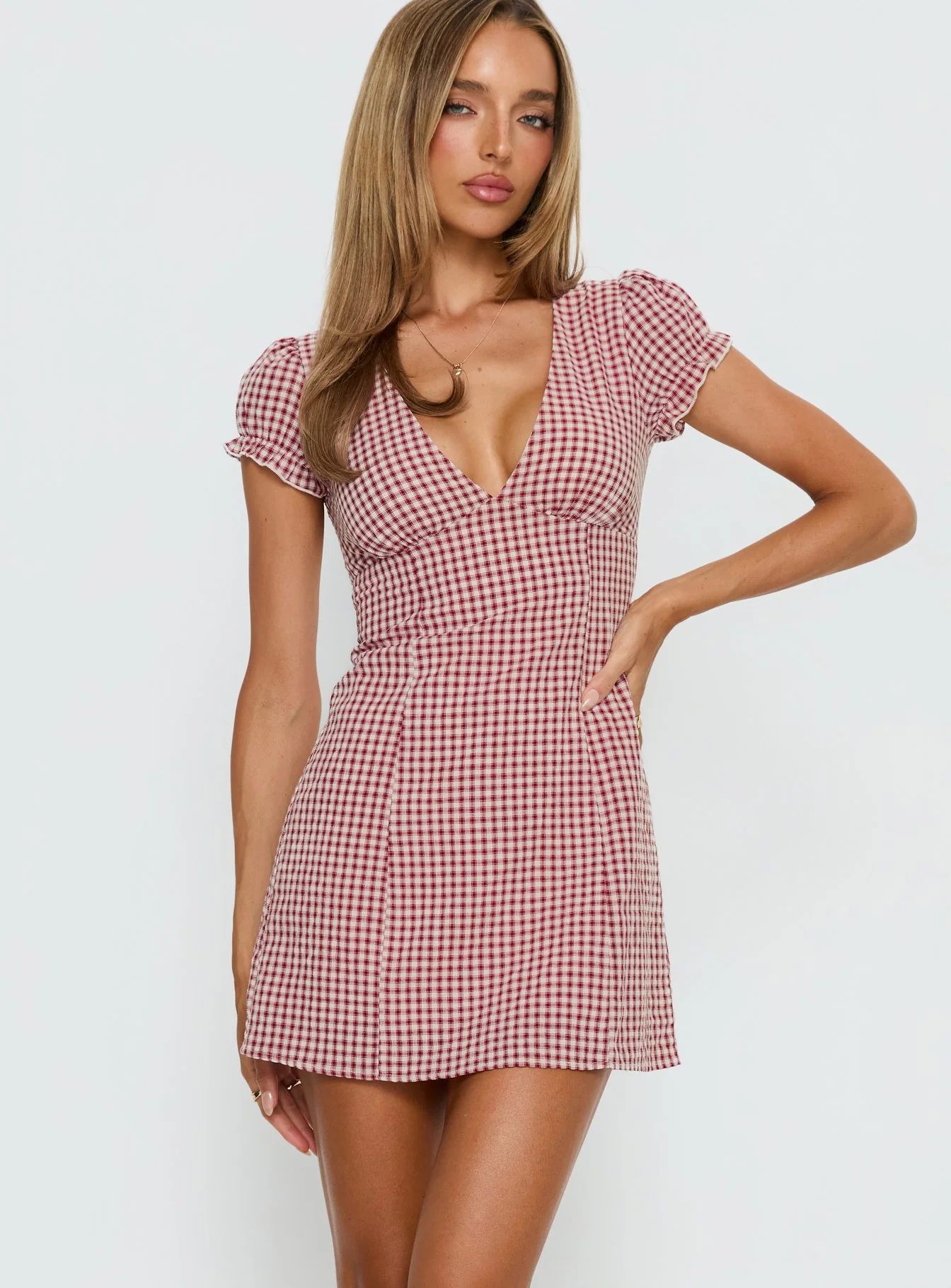 Mystee Plunge Neck Playsuit Burgundy Gingham
