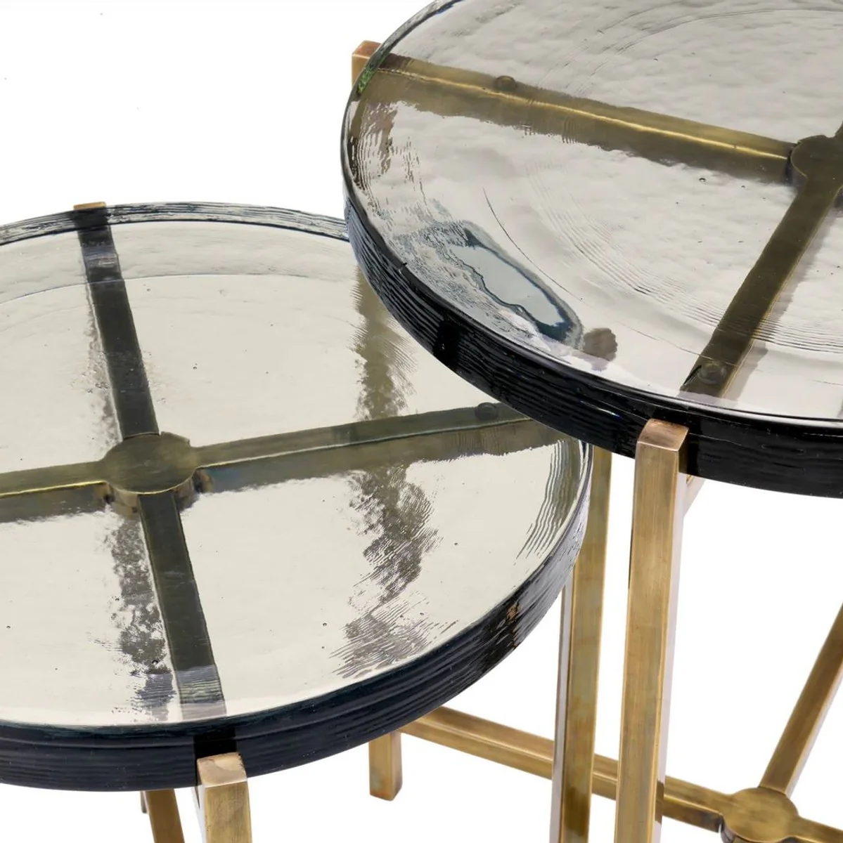 Luxury side table set vintage brass - 2 round stainless steel tables with glass top - living room furniture - hotel furniture - luxury furniture - luxury furnishings - furniture luxury