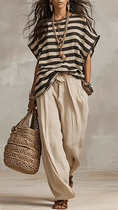Women's Fashion Casual Striped Print Crew Neck Loose-Fit Short-Sleeve Loungewear Set - Nordfashionstorm - Women's Clothing, Fashion for You - Nordfashionstorm.com