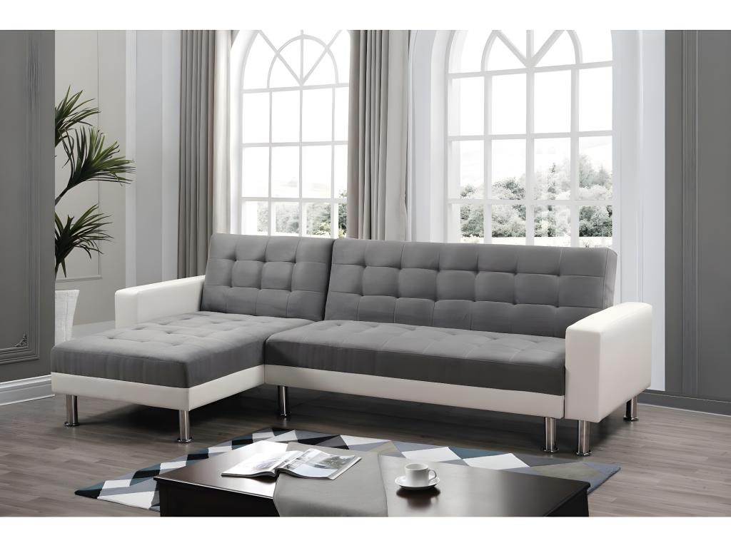 Sofá esquinero convertible y reversible - 4 plazas - blanco y gris