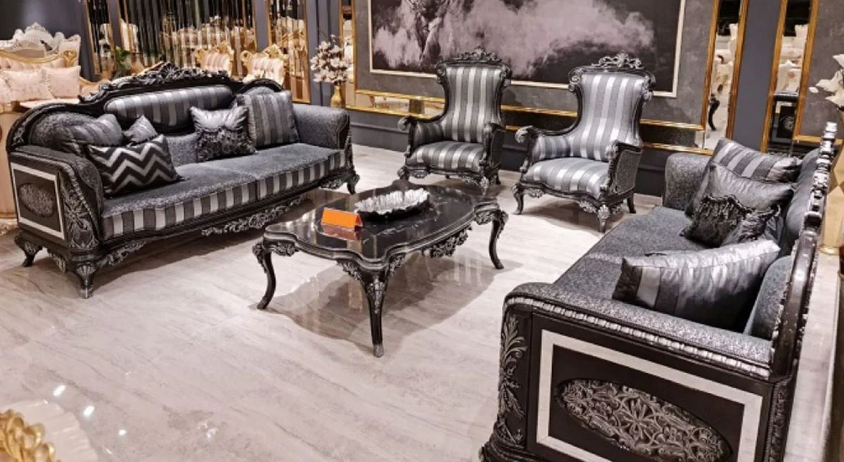 Luxury Baroque Living Room Set Gray / Black / Silver - 2 Baroque Sofas & 2 Baroque Armchairs & 1 Baroque Coffee Table - Baroque Living Room Furniture
