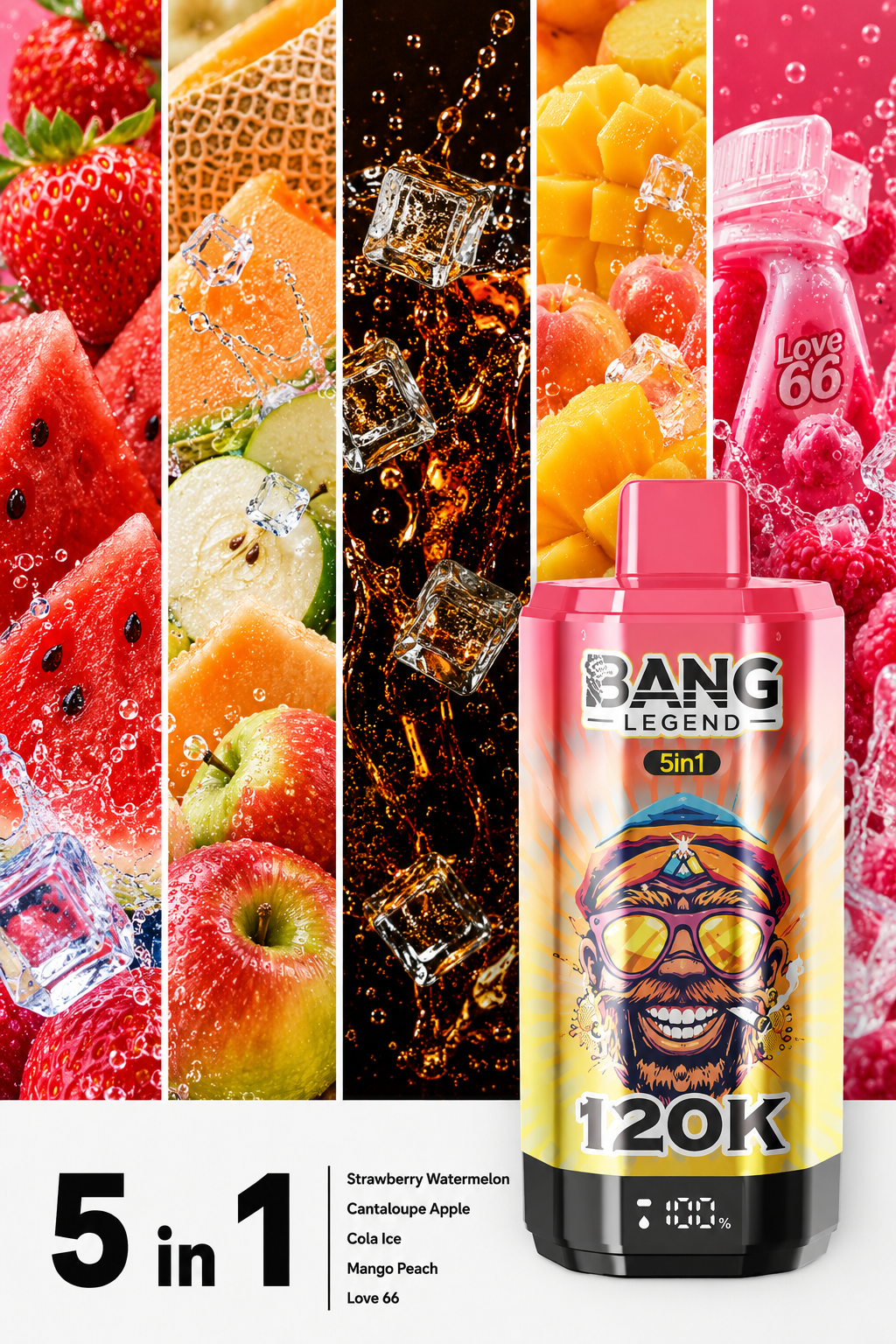 Jahoda a meloun, cantaloupe a jablko, ledov&aacute; cola, mango a broskev, Love 66