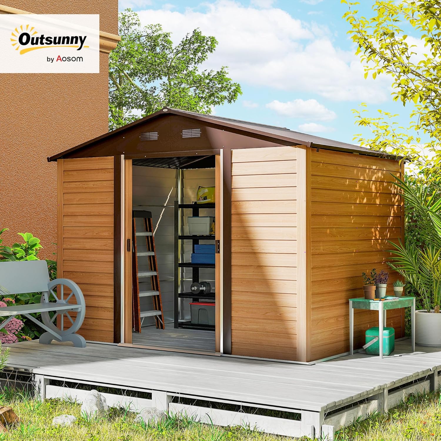 Outsunny Casetta da Giardino 4.84m² in Acciaio Zincato con Fori di Drenaggio Prese d'Aria, Capanno Porta Attrezzi con Tetto Inclinato, Doppie Porte Scorrevoli Bloccabili, Design Effetto Legno, Marrone