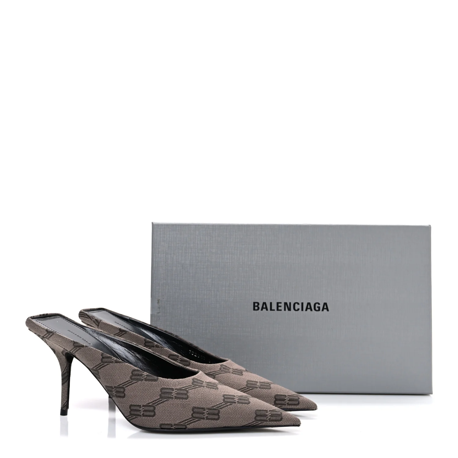 BB Monogram Square Knife 80mm Mule Pumps 38.5 Dark Mink Grey Dark Brown - Top Club
