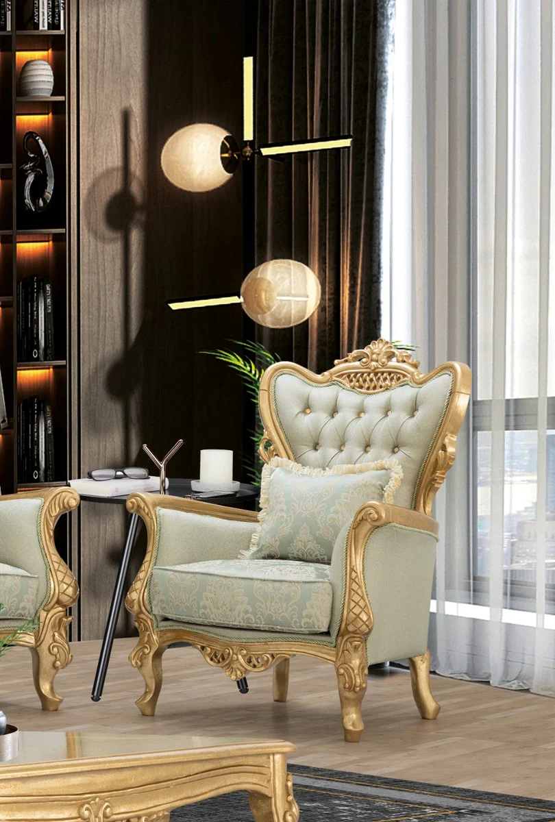 Luxury Baroque Living Room Set Light Green / Gold - 2 Sofas & 2 Armchairs & 1 Coffee Table - Handmade Baroque Living Room Furniture - Noble & Magnificent