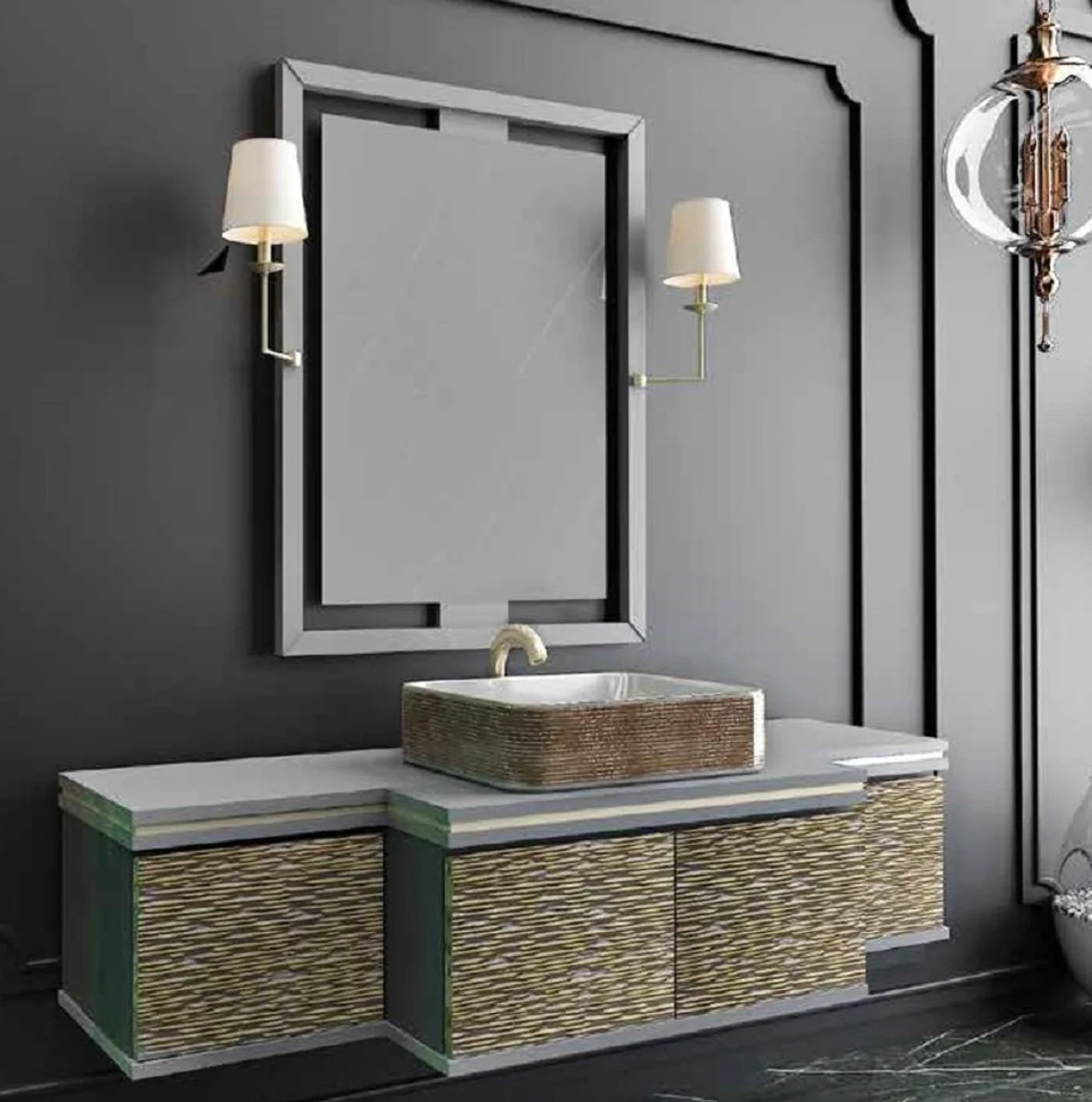 Luxury bathroom set gray / gold / black - 1 vanity unit with 4 doors and 1 sink and 1 wall mirror with 2 wall lights - Luxury collection