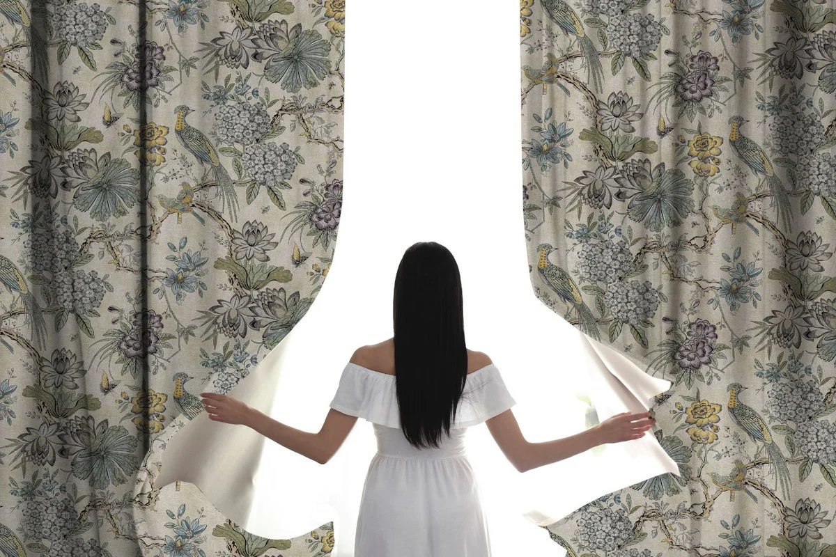 Luxury curtain set flowers & birds light beige / multicolored 250 x H. 290 cm - printed linen & velvet curtains - eyelet curtains - sliding curtains - living room bedroom curtains