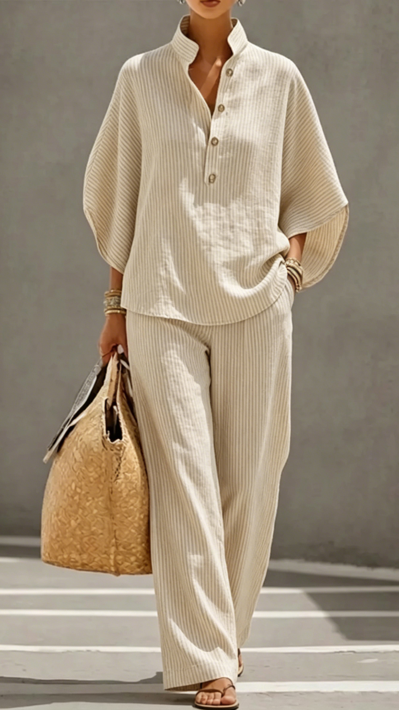 Women's Striped Linen-Cotton Batwing Sleeve Two-Piece Set - Nordfashionstorm - Women's Clothing, Fashion for You - Nordfashionstorm.com
