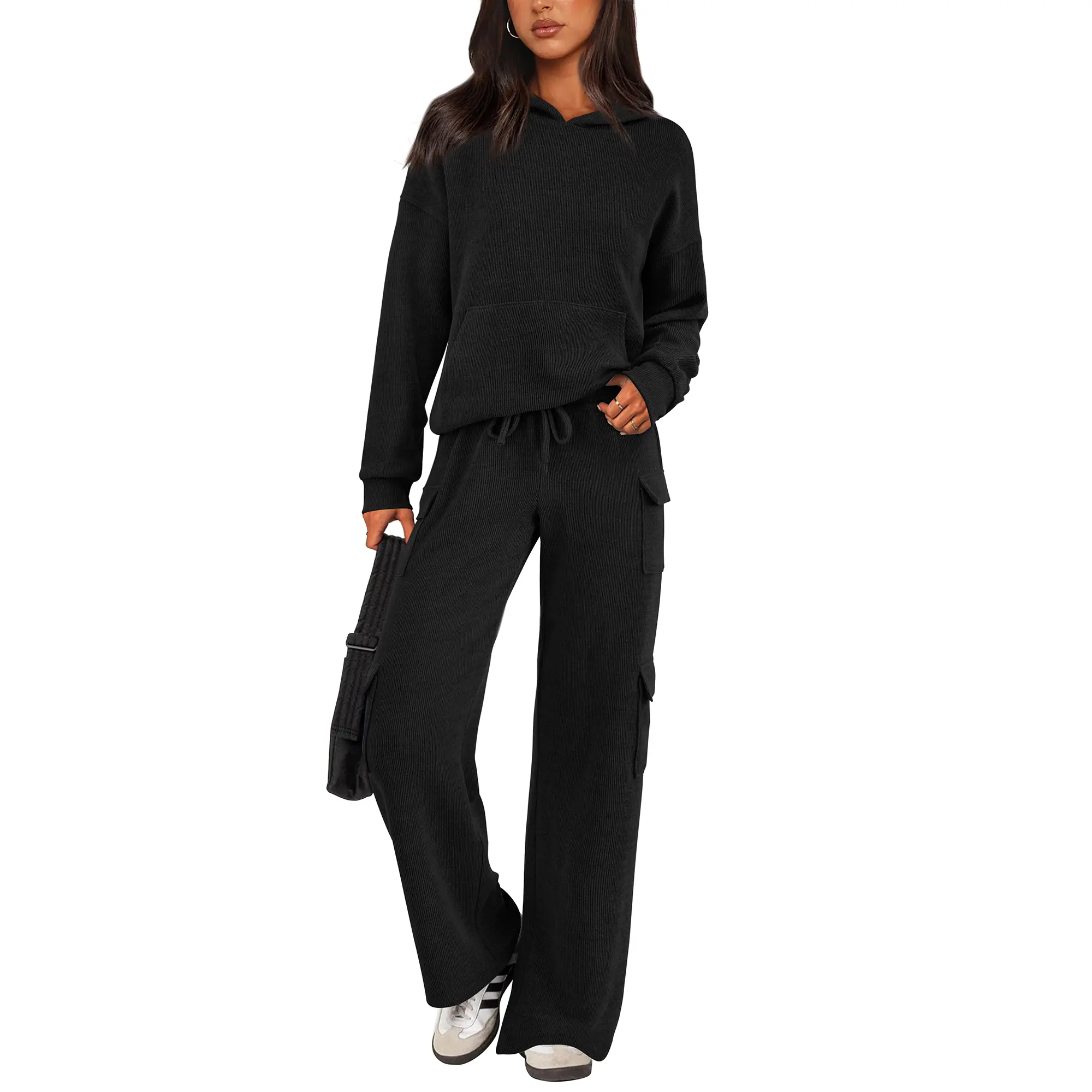 PRETTYGARDEN Women's Navy Blue 2-Piece Knitted Sets Hoodie & Wide Leg Pants with Pockets Drawstring Long Sleeve Loungewear Tracksuits Basic Fitted Clothes