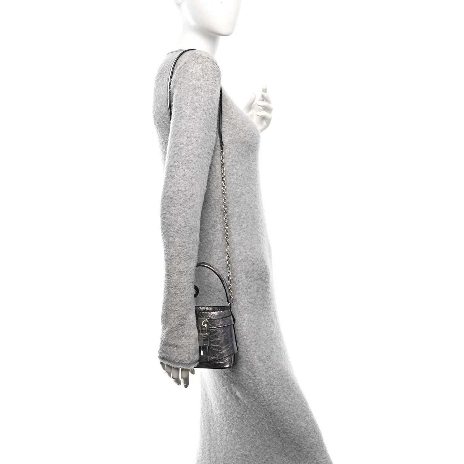 Laminated Lambskin Micro Shark Lock Bucket Bag Silvery Grey