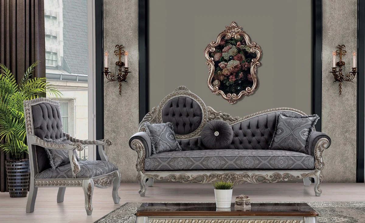 Luxury Baroque Sofa Gray / Blue / Silver / Bronze 230 x 90 x H. 135 cm - Magnificent solid wood living room sofa with elegant pattern and decorative pillows - Baroque living room furniture