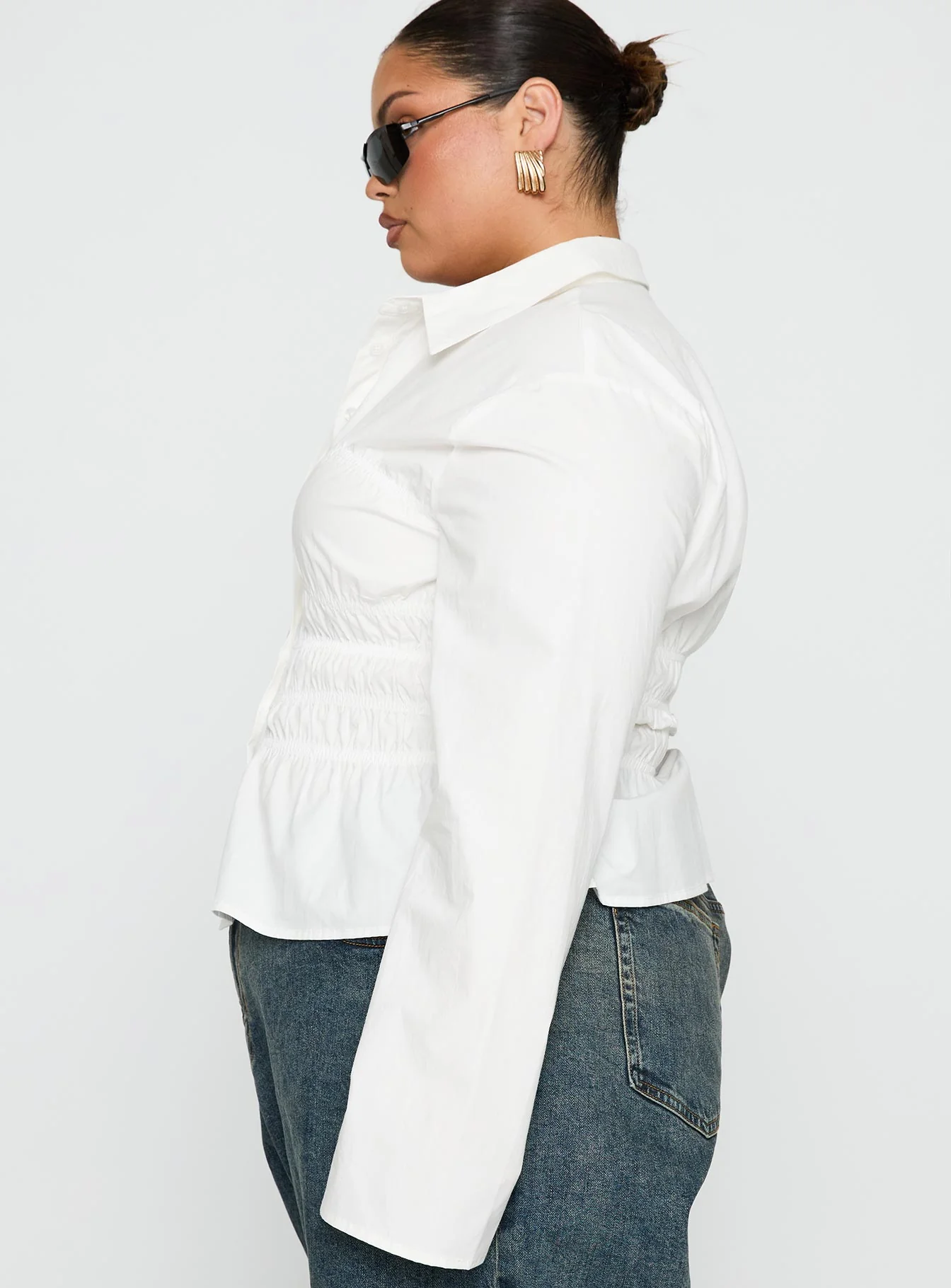 Liesel Shirred Long Sleeve Top White Curve