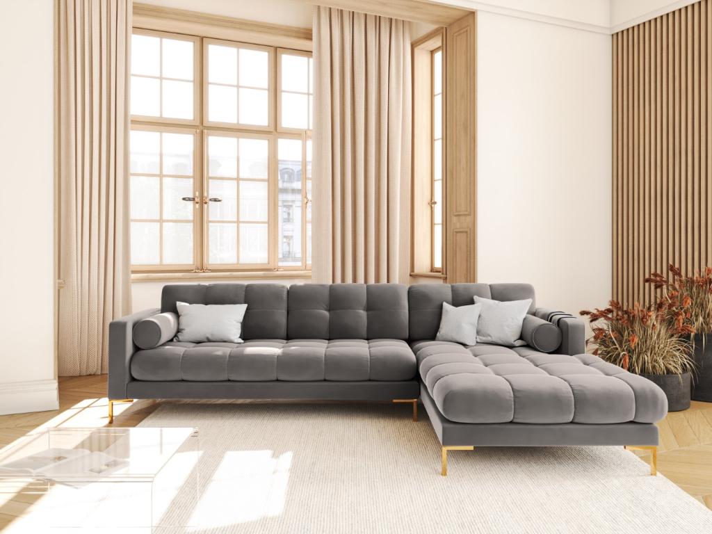 Laocacasas - Sofá esquinero derecho "Bali" 5 plazas de terciopelo gris claro - 293x185x75cm