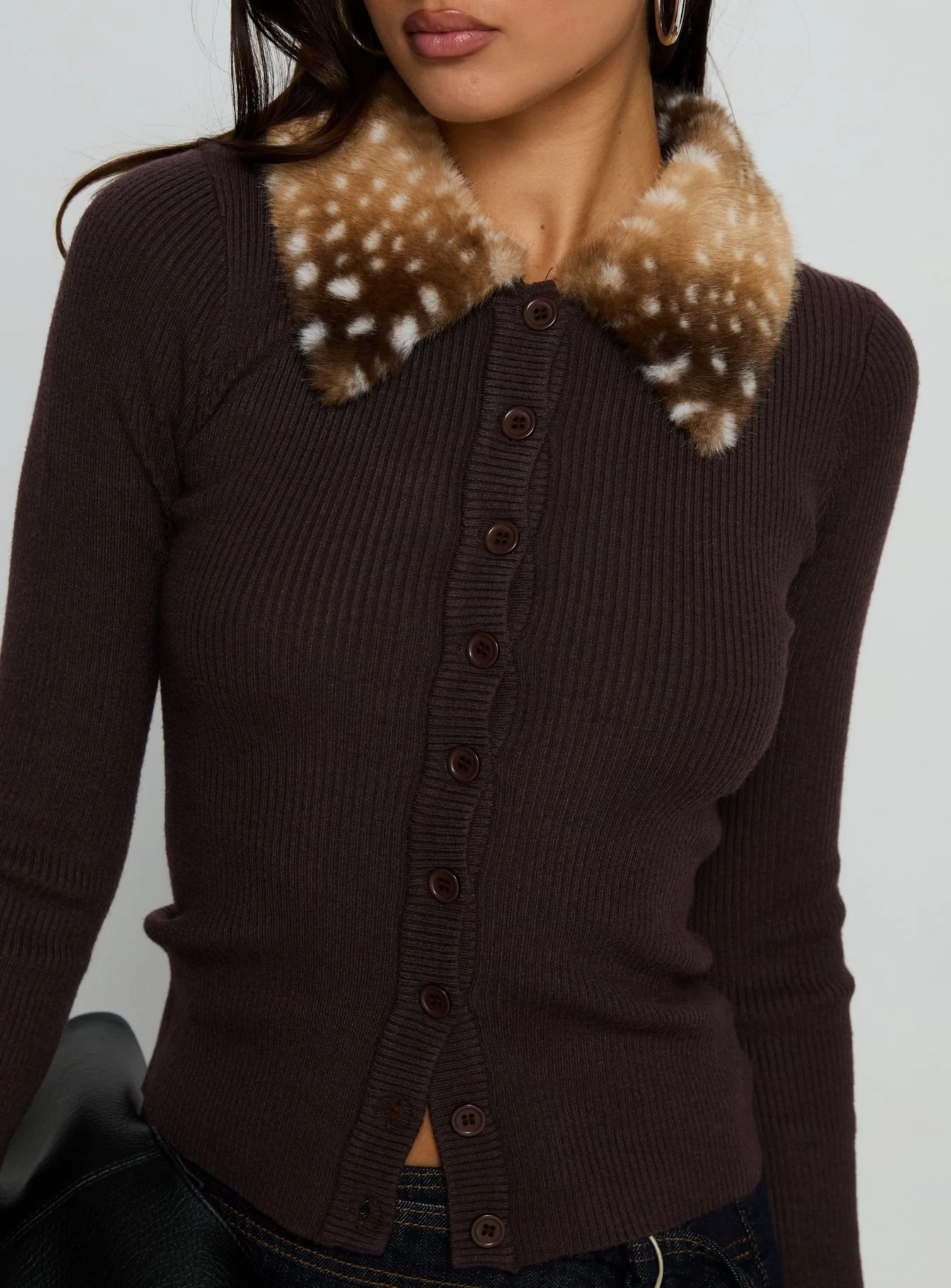 Chiqueeta Faux Fur Trim Knit Cardigan Brown