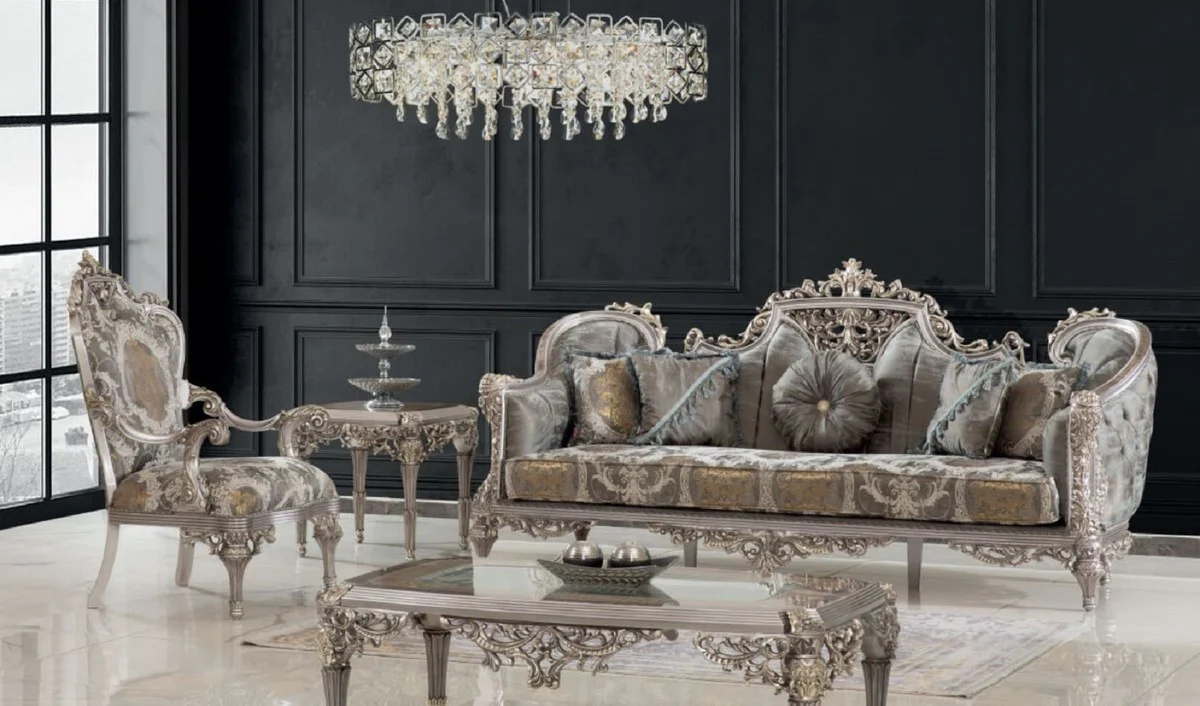 Luxury Baroque Living Room Set Gray / Silver / Gold - 2 Sofas & 2 Armchairs & 1 Coffee Table & 2 Side Tables - Handcrafted Living Room Furniture in Baroque Style - Noble & Magnificent