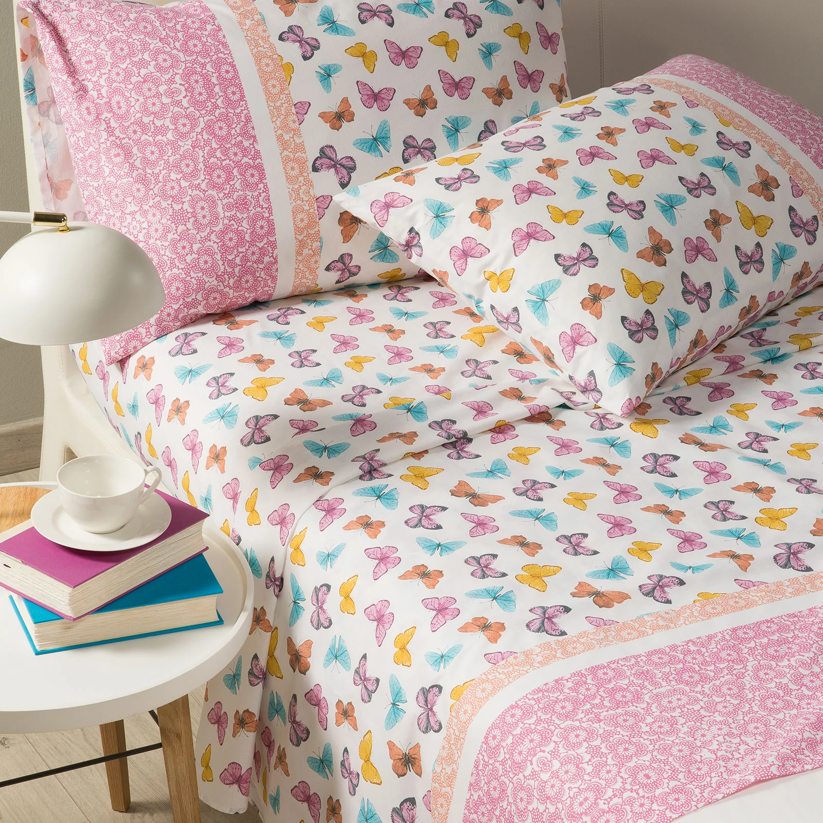 Completo Lenzuola In Cotone Farfalle Matrimoniale Rosa Caleffi