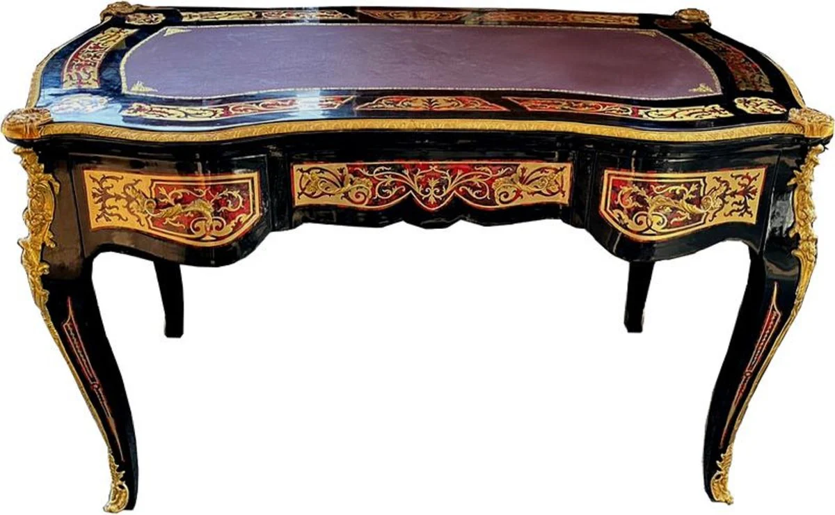 Baroque Boulle Secretary in French Style Black / Red / Gold - Handcrafted Antique Style Desk with 3 Drawers - Baroque Office Furniture
