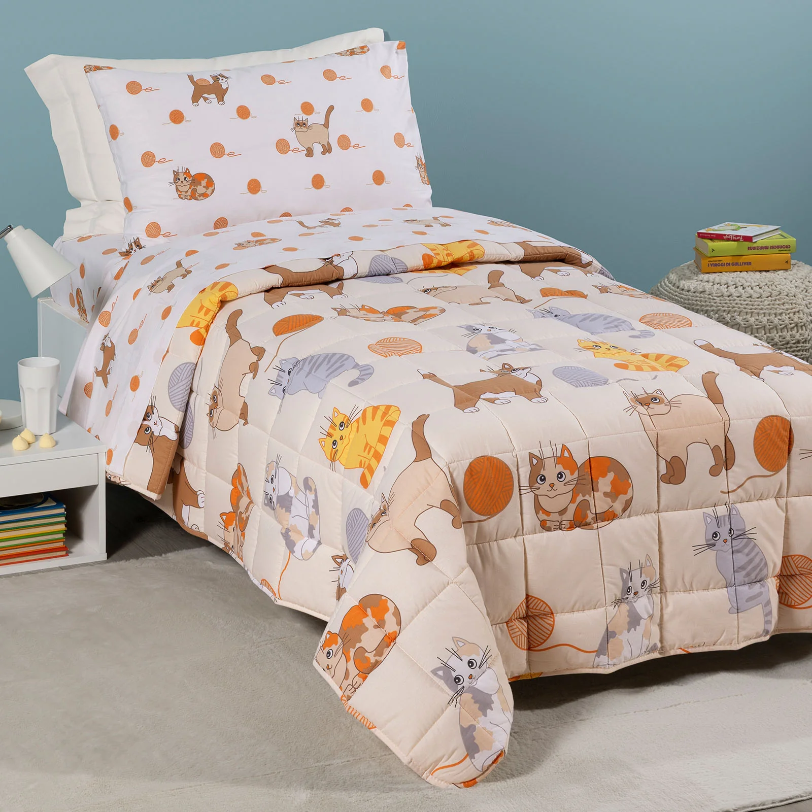 Trapunta Leggerissima In Cotone Gattini Singolo Naturale Caleffi Kids