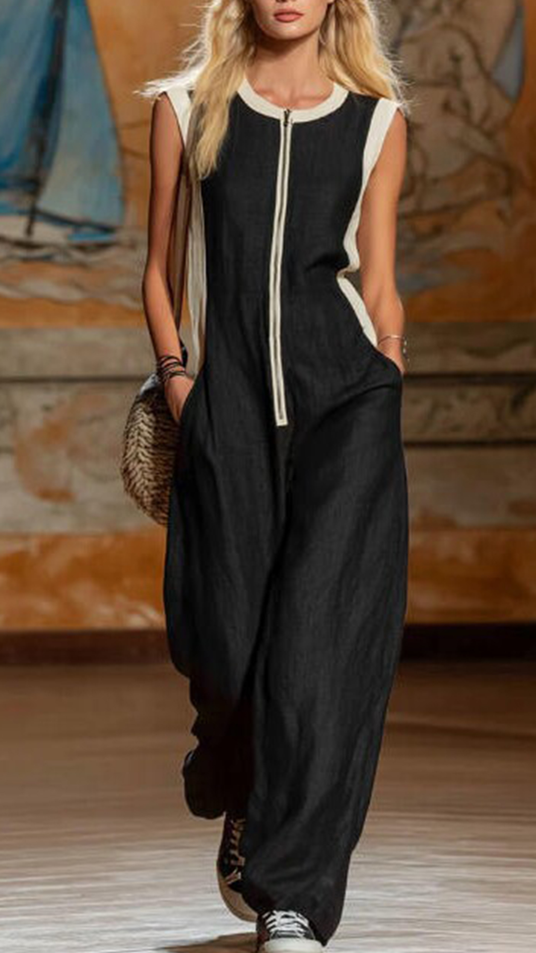 Women's Cotton-Blend Color-Block Sleeveless Wide-Leg Jumpsuit - Nordfashionstorm - Women's Clothing, Fashion for You - Nordfashionstorm.com