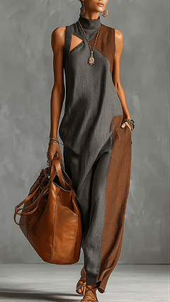 Fashionable Color-blocked Linen-cotton Maxi Dress - Nordfashionstorm - Women's Clothing, Fashion for You - Nordfashionstorm.com