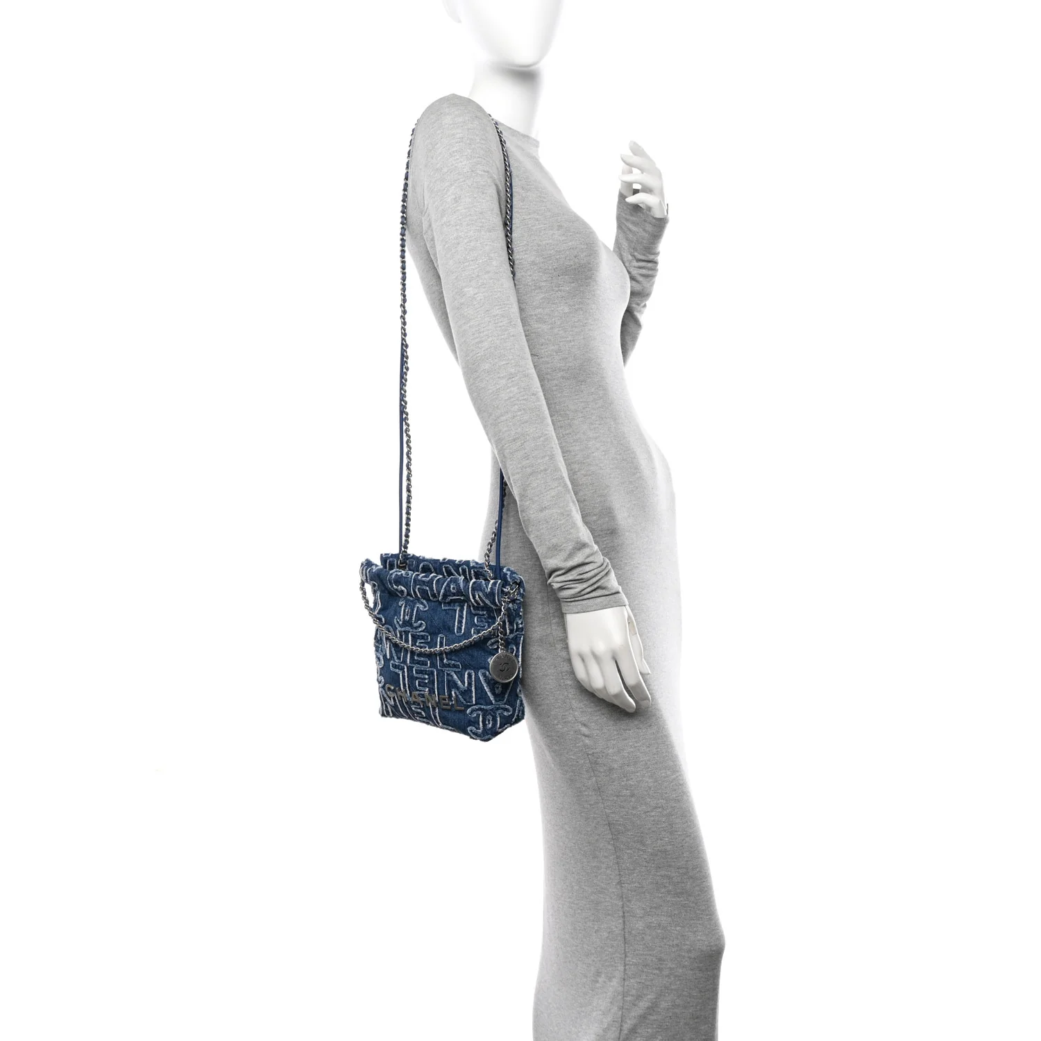 Washed Denim Logo Embroidered Mini Chanel 22 Blue - Top Club