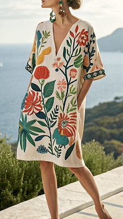Women's Cotton-Blend White Printed V-Neck Loose Dress - Nordfashionstorm - Women's Clothing, Fashion for You - Nordfashionstorm.com