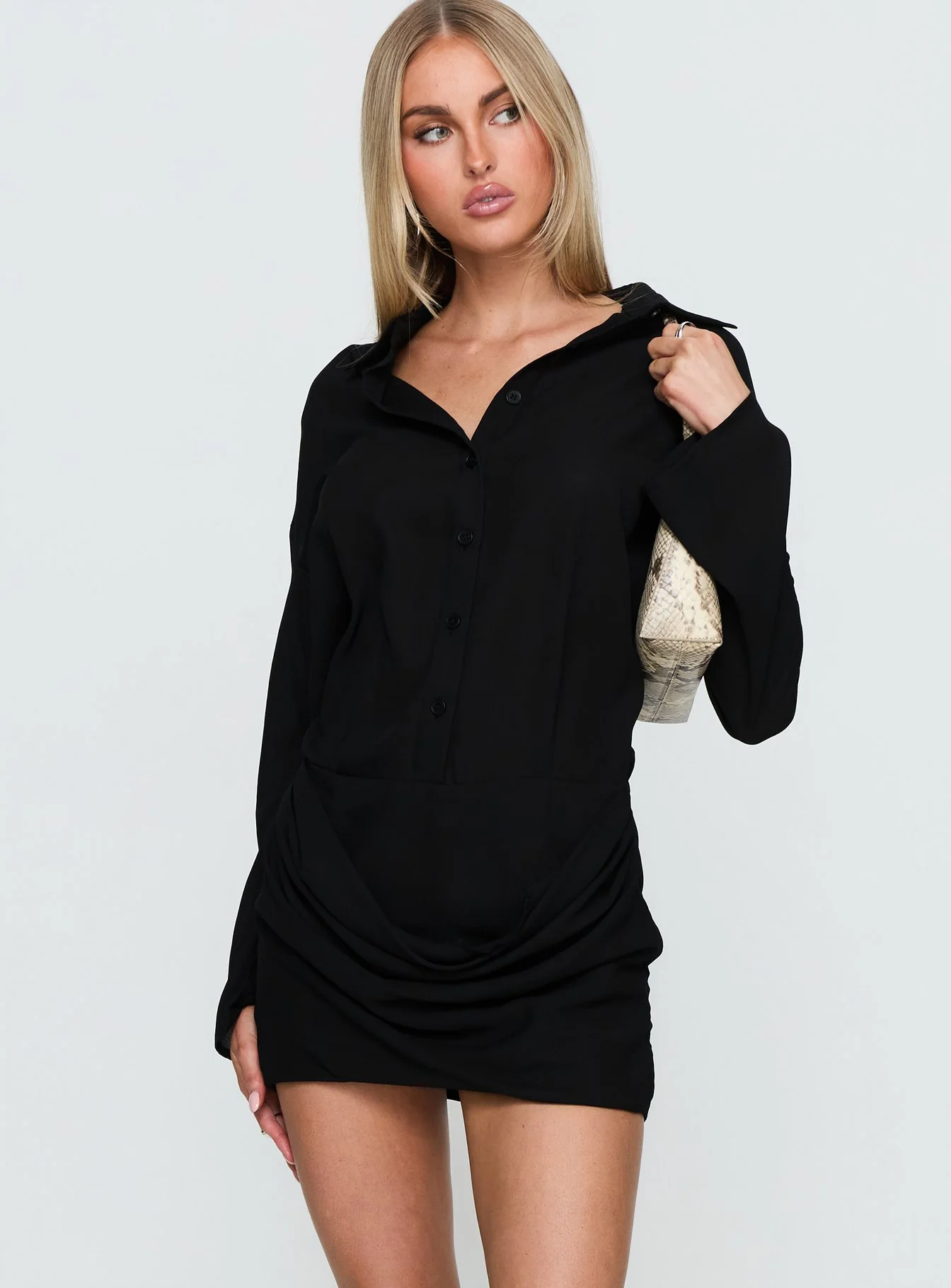 Tareno Long Sleeve Shirt Dress Black