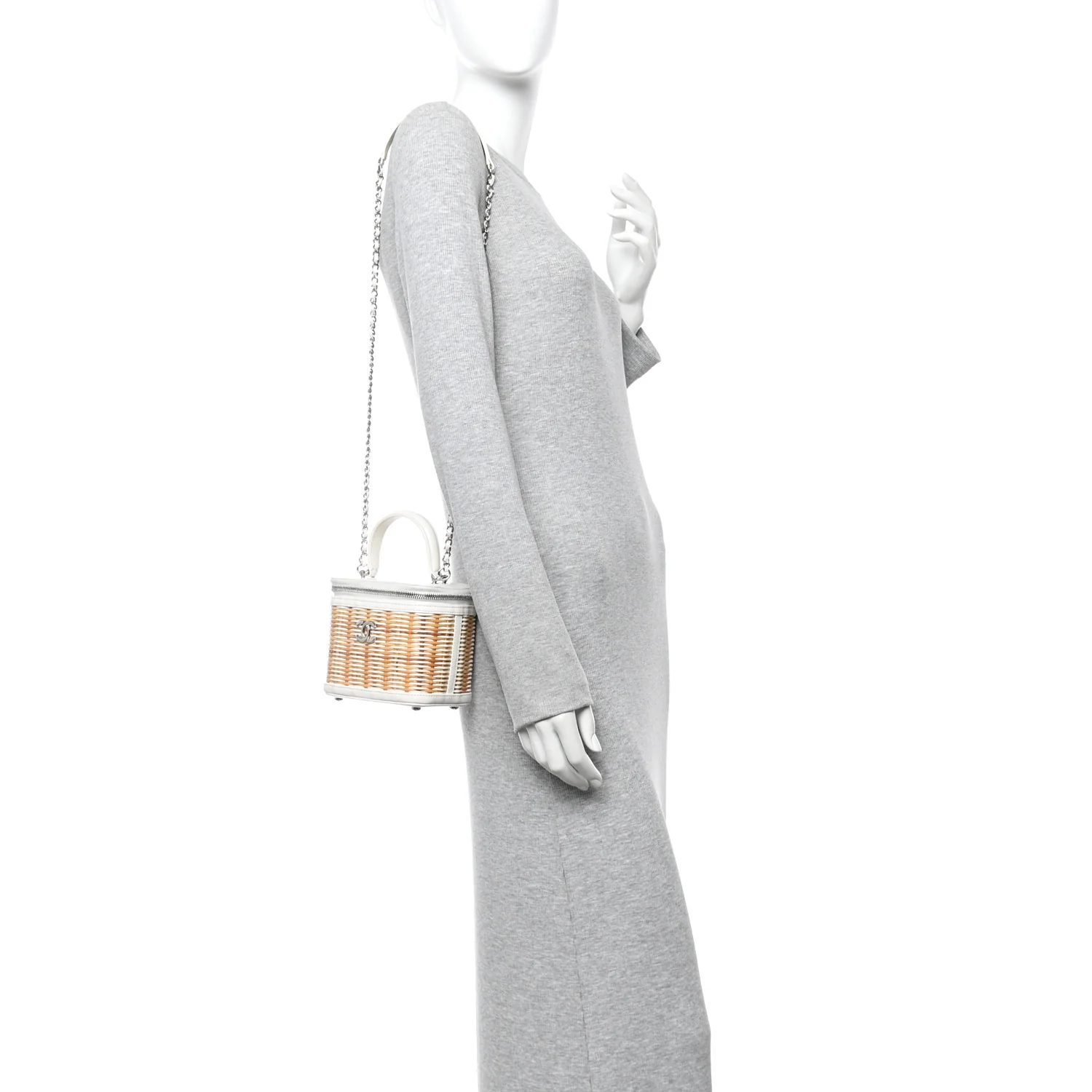 Calfskin Raffia Small Vanity Case Bag White Beige - Top Club