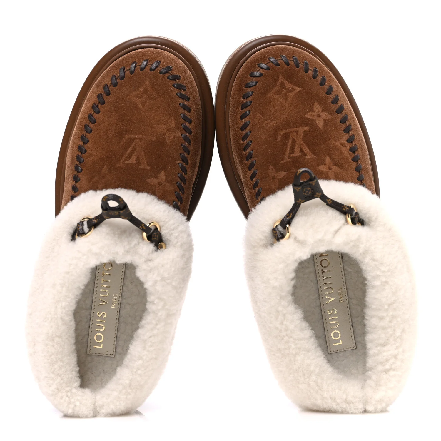 Suede Calfskin Shearling Monogram Debossed Cortina Closed Mule 38 Light Beige