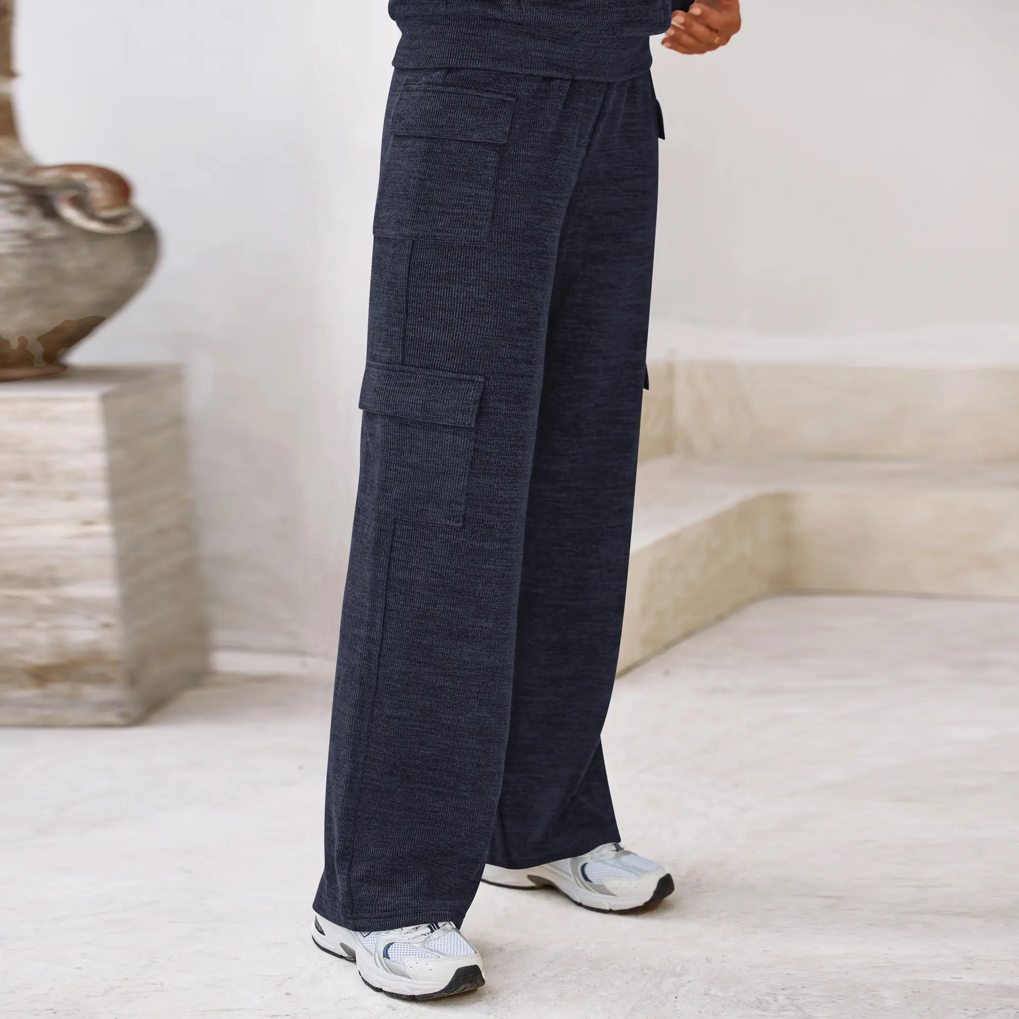 PRETTYGARDEN Women's Navy Blue 2-Piece Knitted Sets Hoodie & Wide Leg Pants with Pockets Drawstring Long Sleeve Loungewear Tracksuits Basic Fitted Clothes