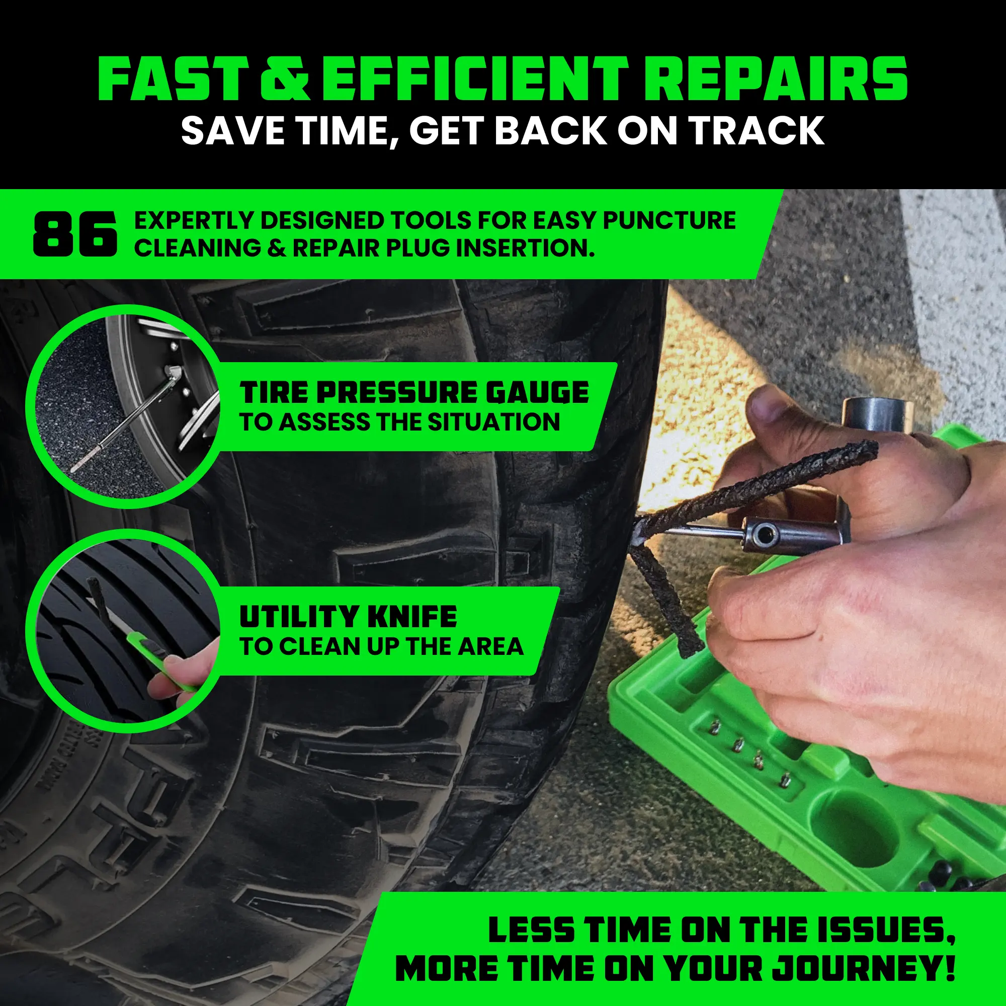 Rhino USA Tire Repair Kit (86-Piece) Professional Heavy Duty Tire Plug Kit to Fix Punctures & Patch Flats with Ease - Ultimate Tubeless Tire Repair Tools for Car, Motorcycle, ATV, UTV, RV and Trailer