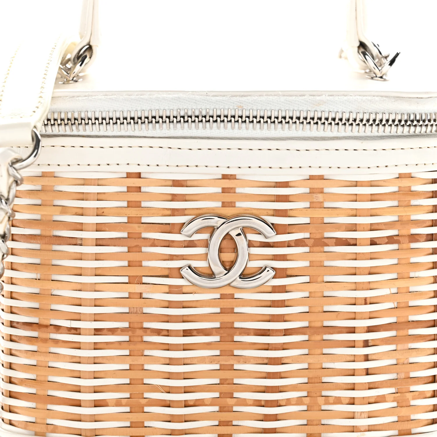 Calfskin Raffia Small Vanity Case Bag White Beige - Top Club