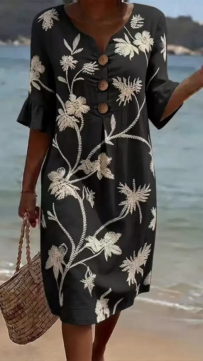 Women's Vacation-Style V-Neck Printed Loose-Fit Dress with Mid-Length Sleeves - Nordfashionstorm - Women's Clothing, Fashion for You - Nordfashionstorm.com