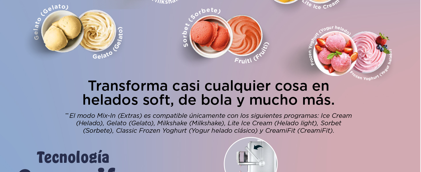 El texto dice: «Transforma casi cualquier cosa en helados soft, de bola y mucho más... Tecnología» Tres tazones que muestran diferentes postres congelados en colores dorado, rojo y rosa.