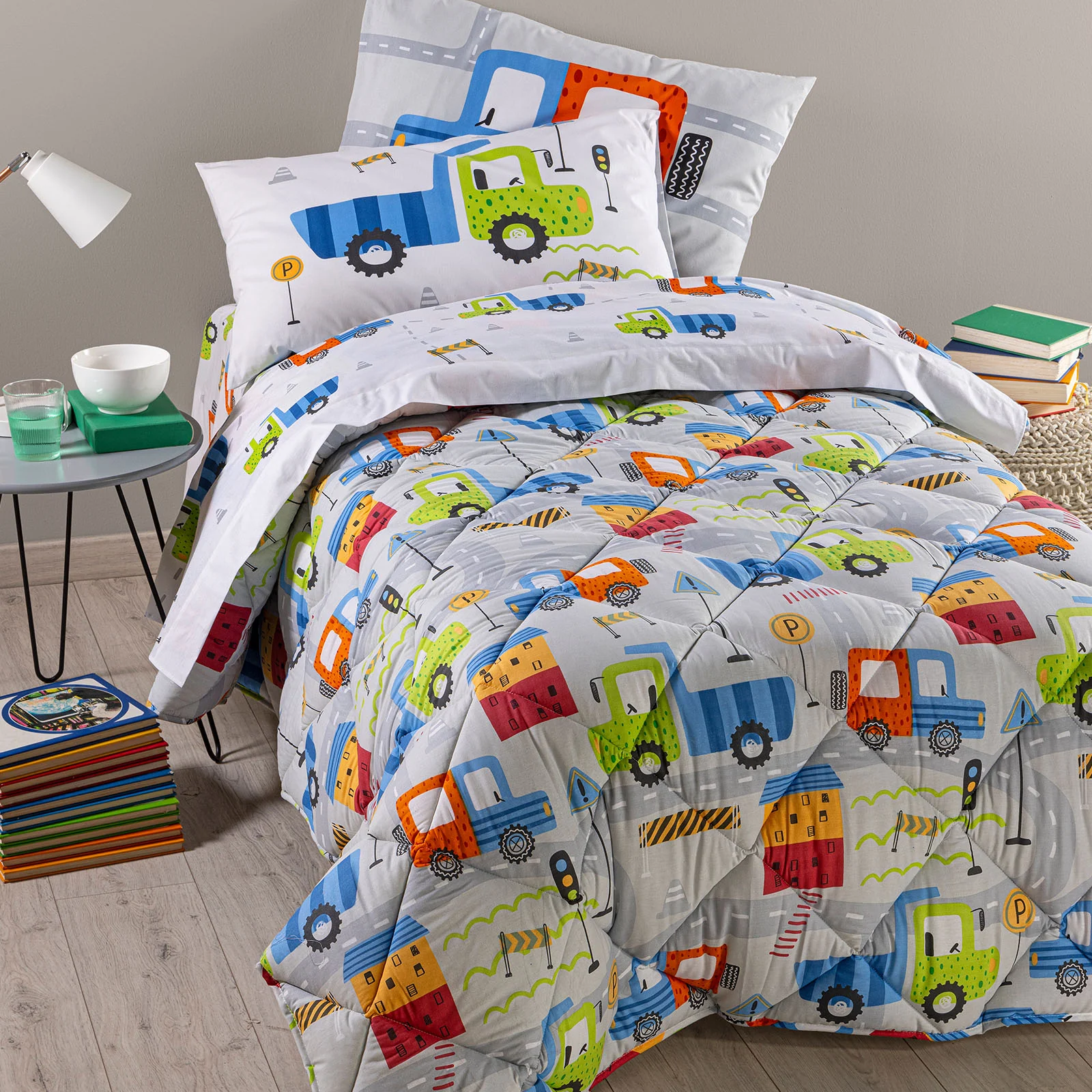 Trapunta In Cotone City Car Singolo Grigio Caleffi Kids