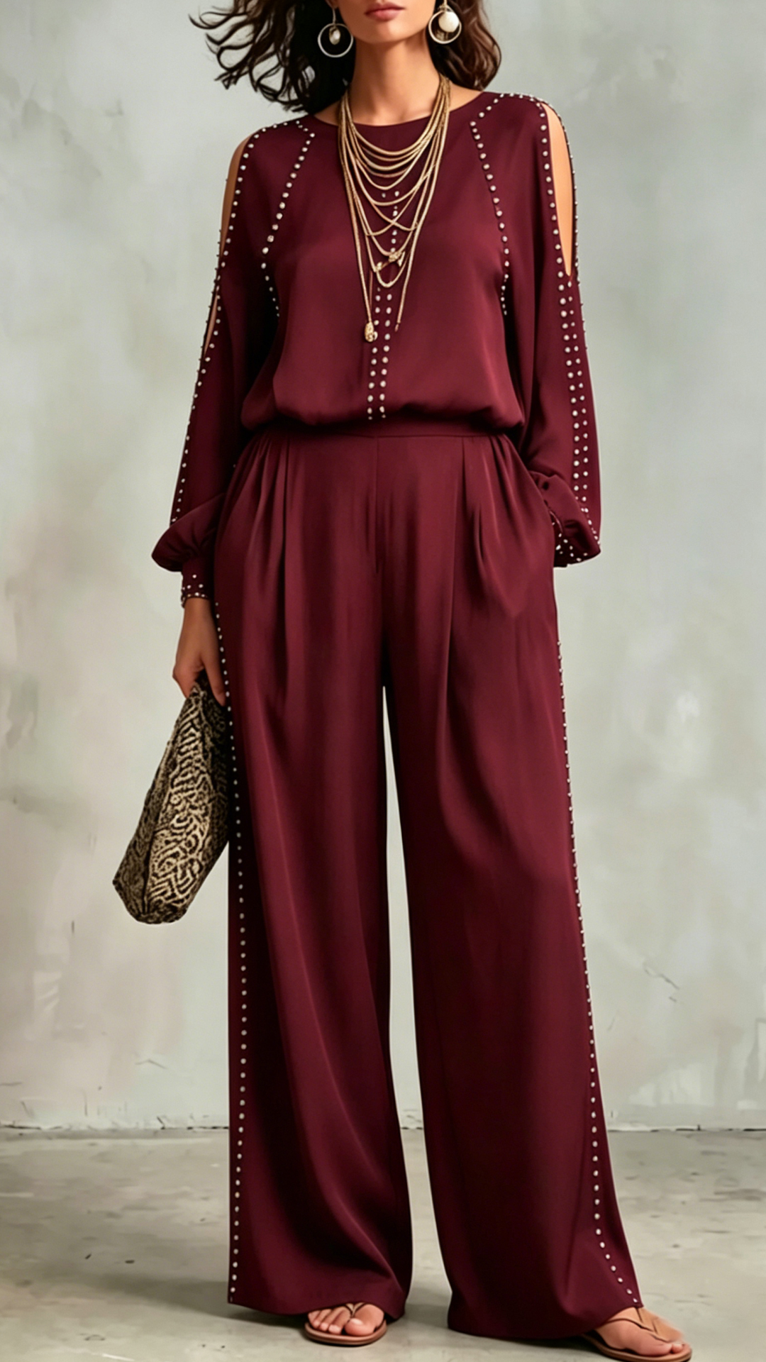 Women's Cold-Shoulder Studded Top & Wide-Leg Pants Cotton Blend Set - Nordfashionstorm - Women's Clothing, Fashion for You - Nordfashionstorm.com
