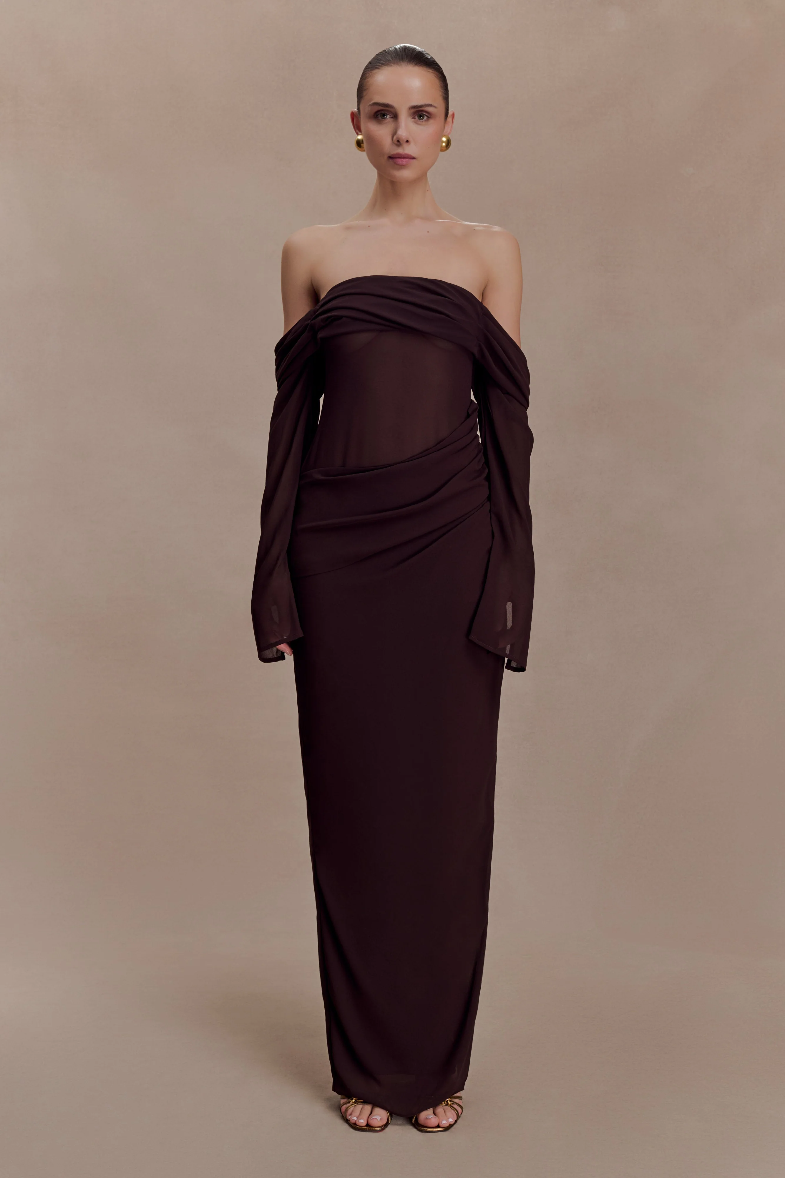 Kirsten Off Shoulder Chiffon Maxi Dress - Cacao Brown