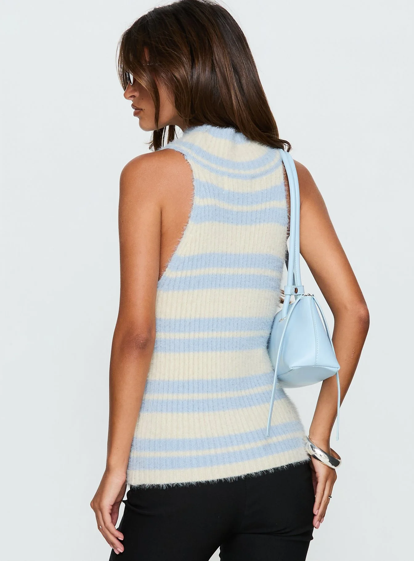 Heide High Neck Fluffy Top Blue Stripe