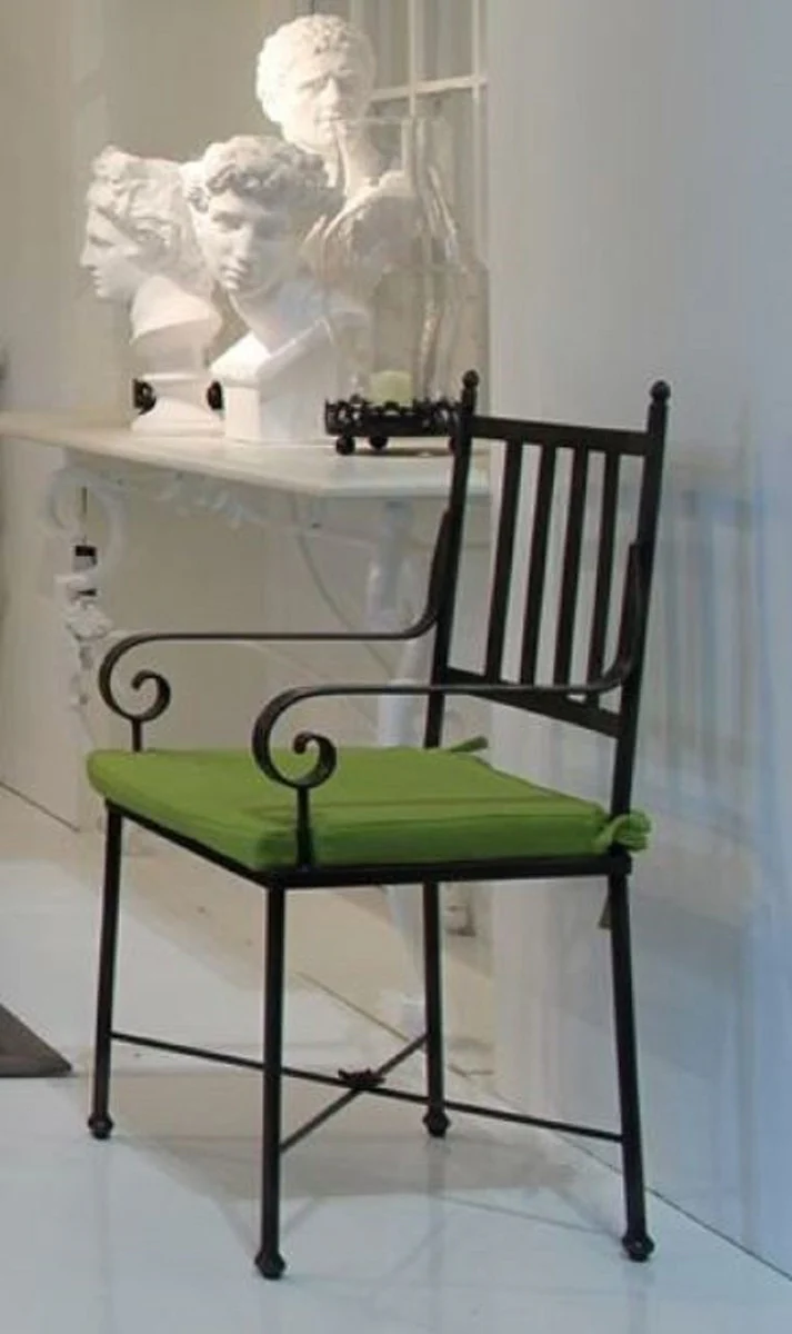 Luxury Art Nouveau garden chair with armrests and seat cushions black / green 47 x 50 x H. 103 cm - Hand-forged dining room chair - Dining room garden patio furniture