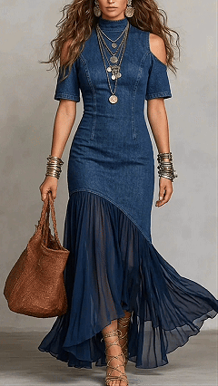 Women's Cotton-blend Imitation Denim Spliced Cold‑shoulder Short‑sleeve Waist‑cinched Irregular Maxi Dress - Nordfashionstorm - Women's Clothing, Fashion for You - Nordfashionstorm.com