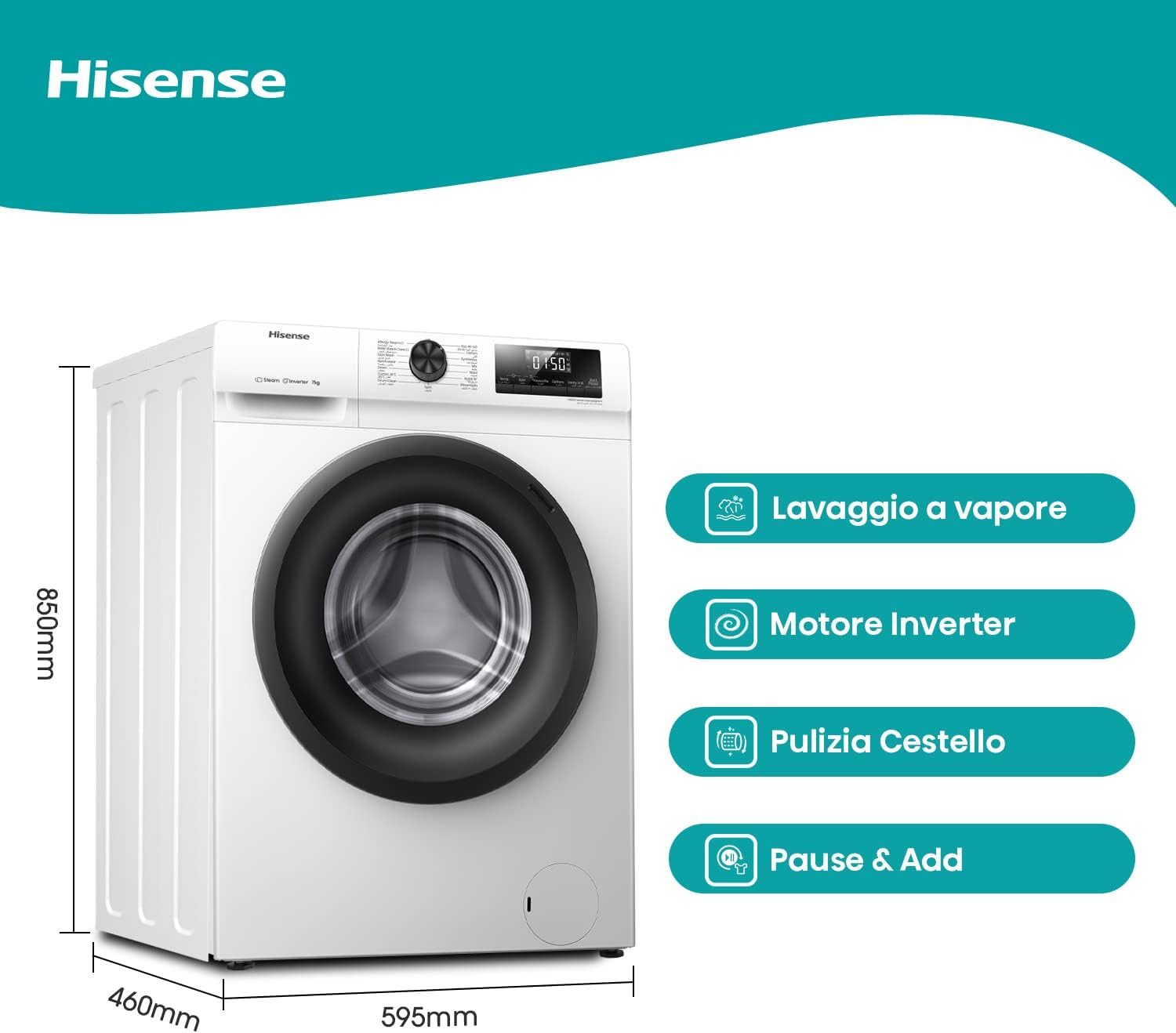 Hisense WFQE7012EVM Lavatrice Slim Carica Frontale, 7kg, Classe A, 1200 giri, Vapore, Motore Inverter