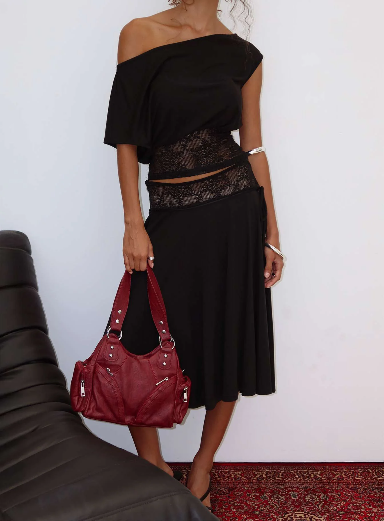 Marienna One Shoulder Lace Top Black
