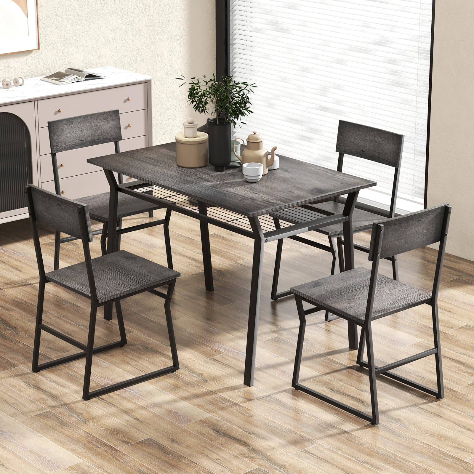 BEFOUNDLOVELY Dining Table Set for 4, 47”L x 28”W Rectangular Kitchen Table w/ 4 Trapezoid Chairs, Reinforced Metal Frame & Storage Rack