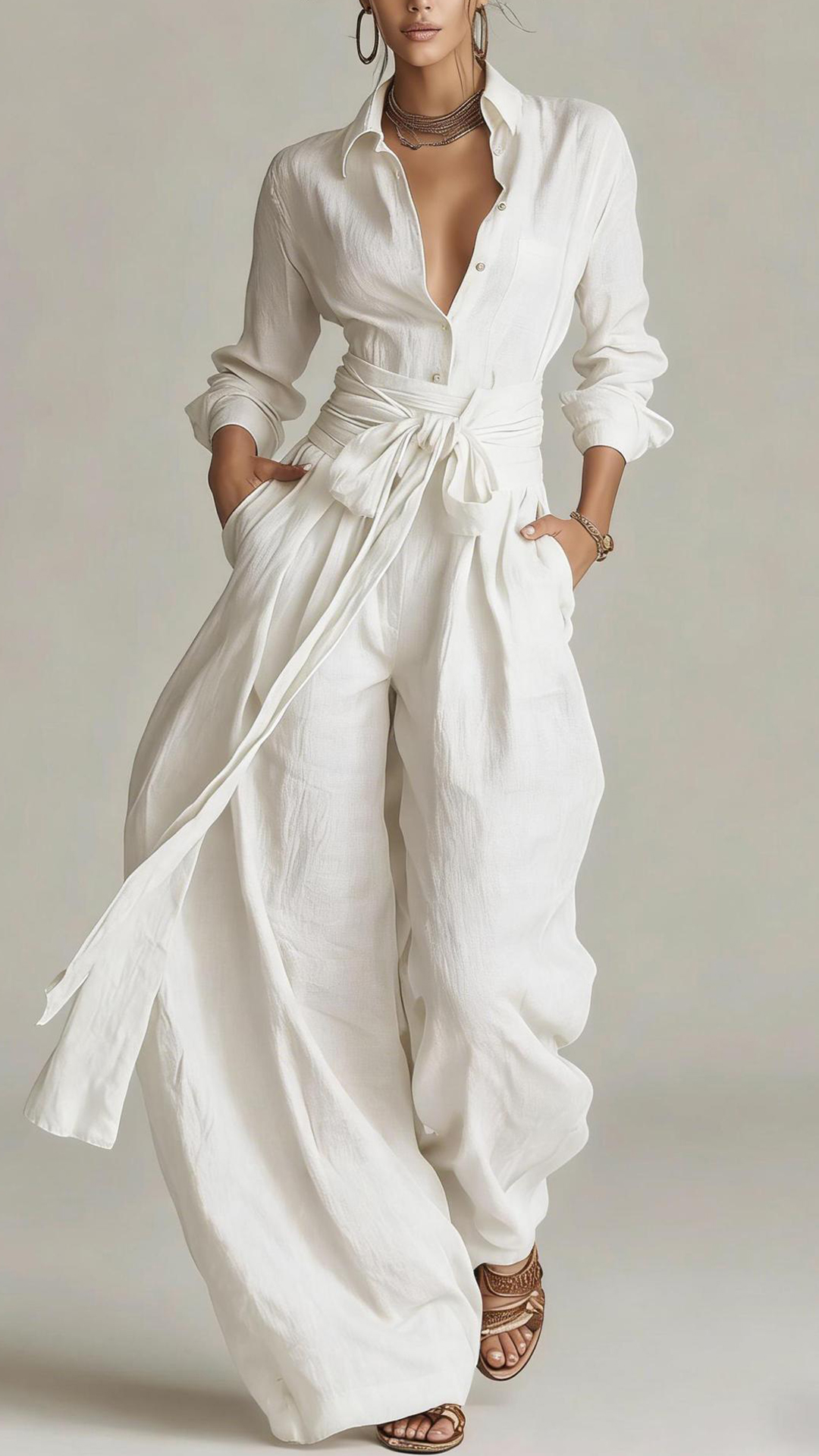 Women's  Cotton-Linen Shirt & Wide-Leg Pants Set with Belt - Nordfashionstorm - Women's Clothing, Fashion for You - Nordfashionstorm.com