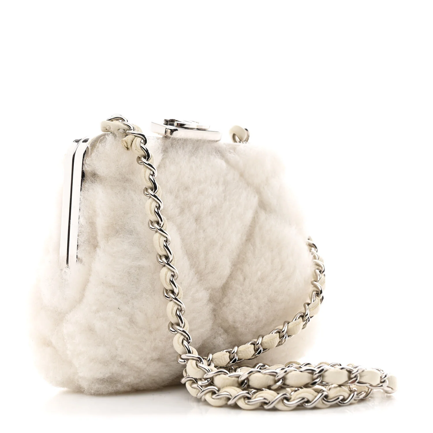 Shearling Sheepskin Lambskin Quilted Clutch With Chain White - Top Club