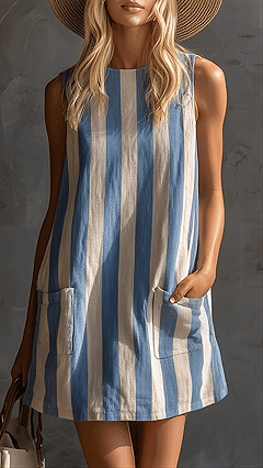 Women's Cotton‑blend Blue‑white Striped Round‑neck Sleeveless Pocket‑decorated Loose Mini Dress - Nordfashionstorm - Women's Clothing, Fashion for You - Nordfashionstorm.com